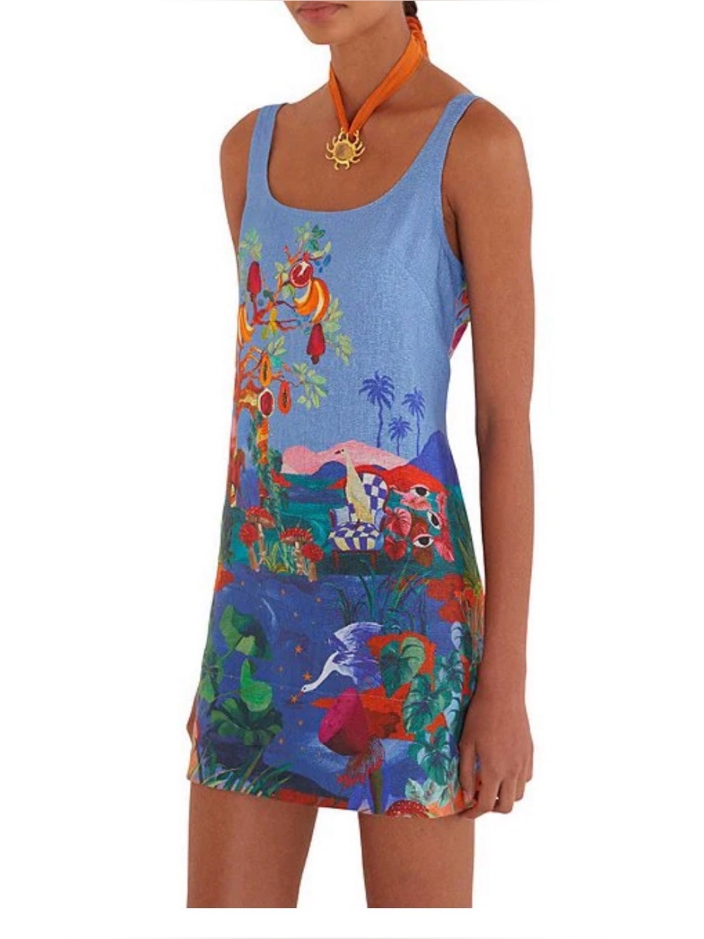 FARM Rio Dream Landscape Scoop Neckline Sleeveless Multicolor Linen Mini Dress